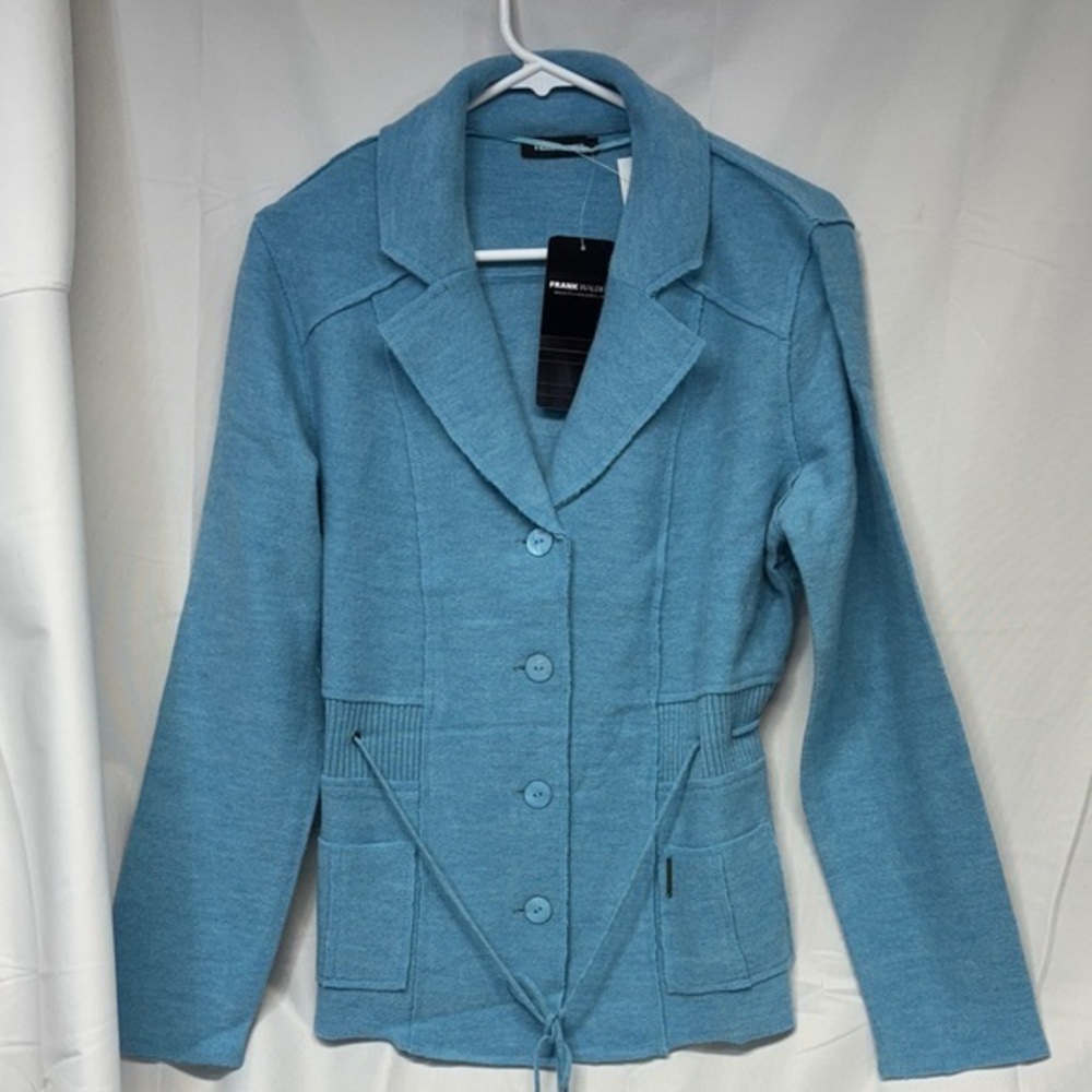 Frank Walder wool collard button up tie winter blue sky sweater size 8